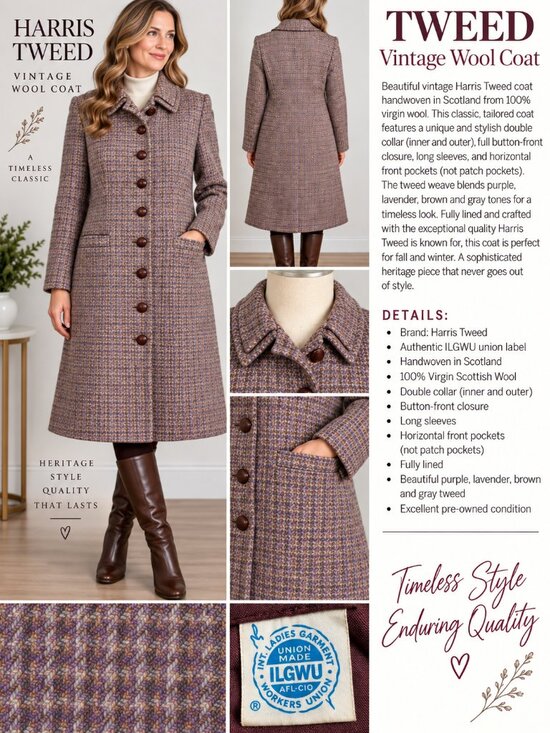 Harris Tweed Jackets & Blazers - Vintage Harris Tweed Handwoven Scottish Wool Long Coat Purple Brown Plaid